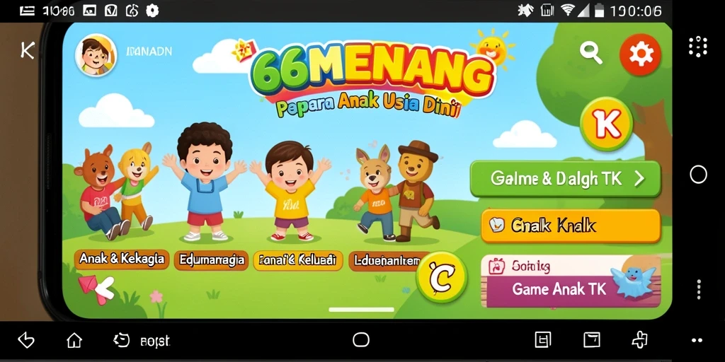 Antarmuka ceria dan interaktif dari aplikasi 66MENANG untuk anak-anak.